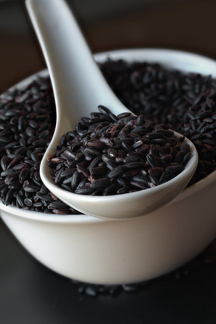 Black rice in a bowl and on a spoon