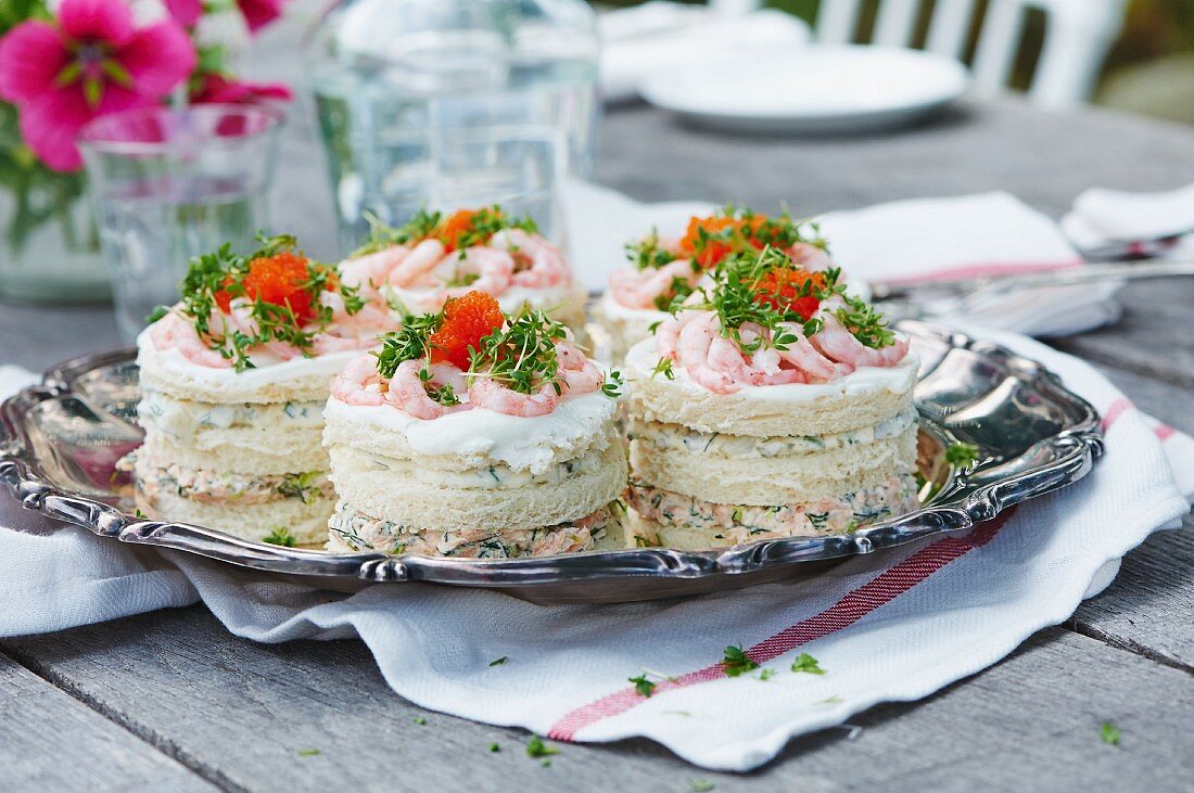 Smörgastarta with salmon and prawns