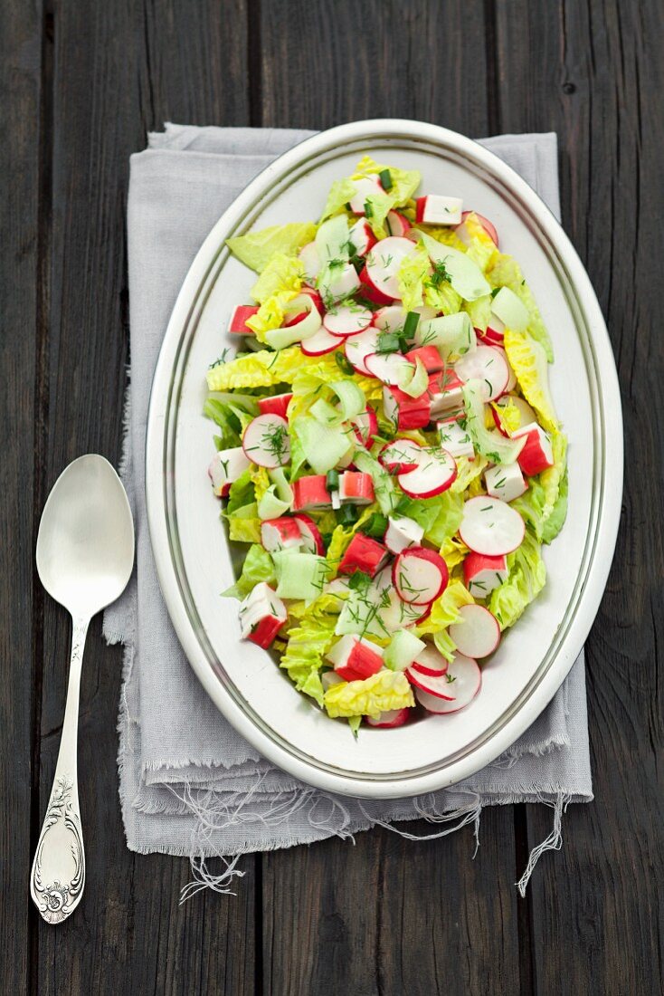 Römersalat mit Surimi, Radieschen, Dill, Zwiebeln, Gurken und Vinaigrette