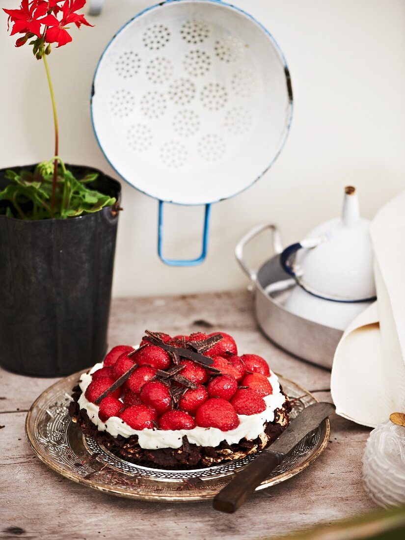 Strawberry cake with a crunchy chocolate base
