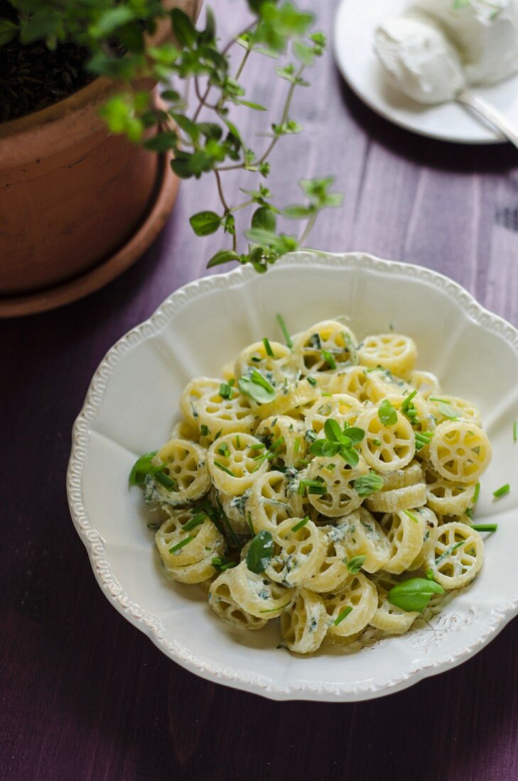 Ruote pasta with ricotta and fresh herbs