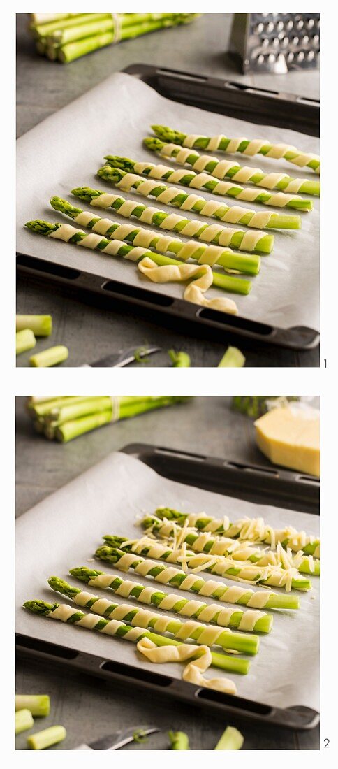 Asparagus wrapped in puff pastry with cheese being made