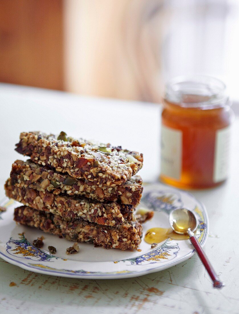 Plate of honey and muesli bars