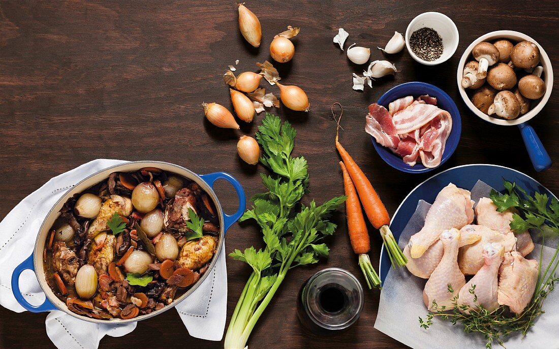 Coq au vin with ingredients