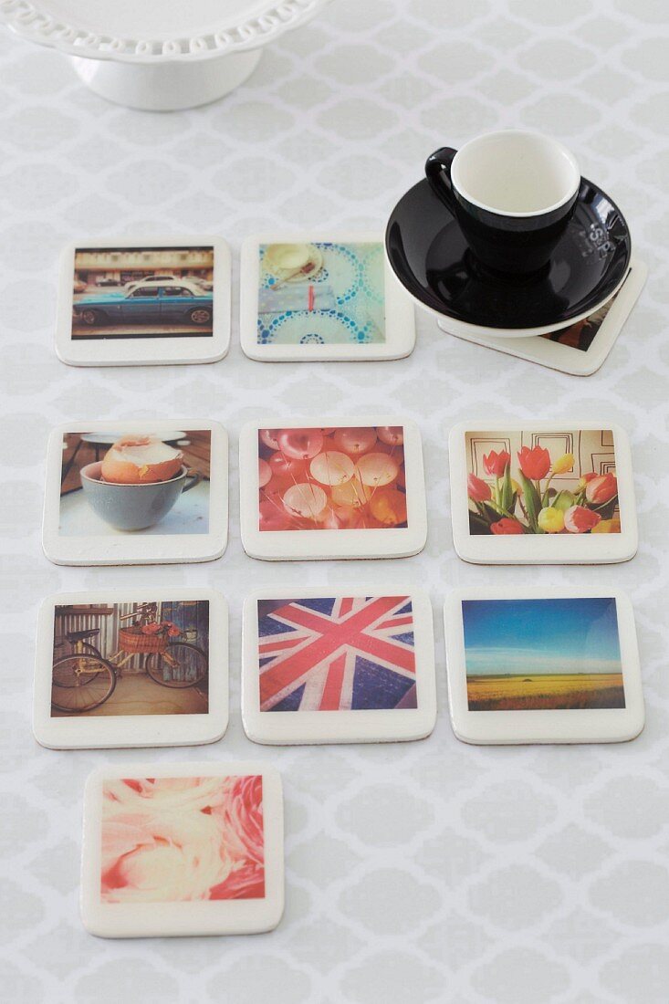 DIY photo coasters and espresso cup and saucer