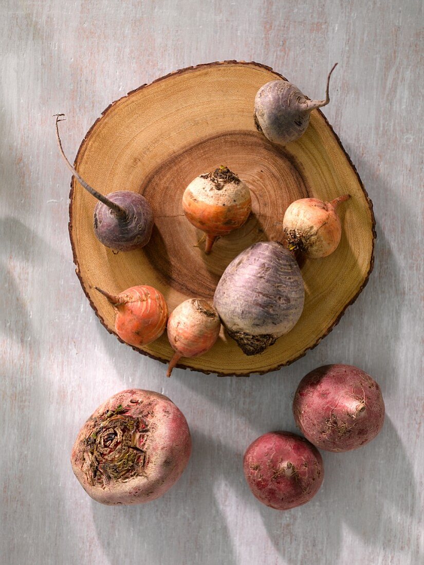 Various types of beets: beetroot, chiogga beet and golden beet