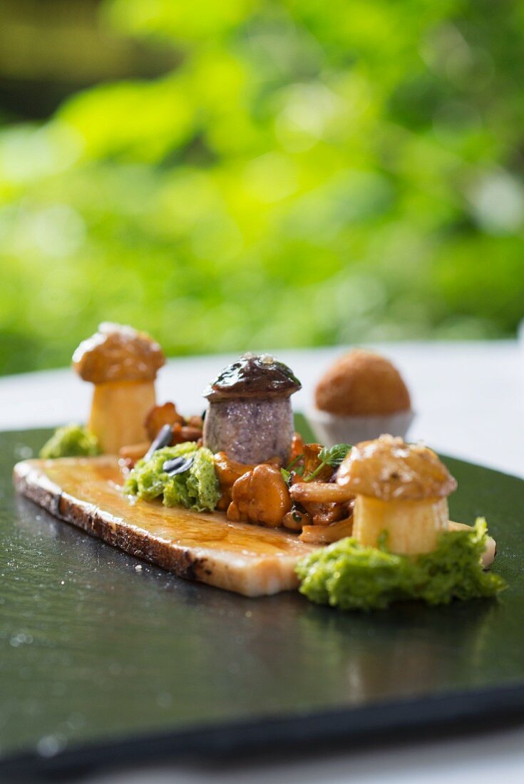 Chanterelle mushrooms and pork belly from the restaurant Laurin in Bolzano, South Tyrol