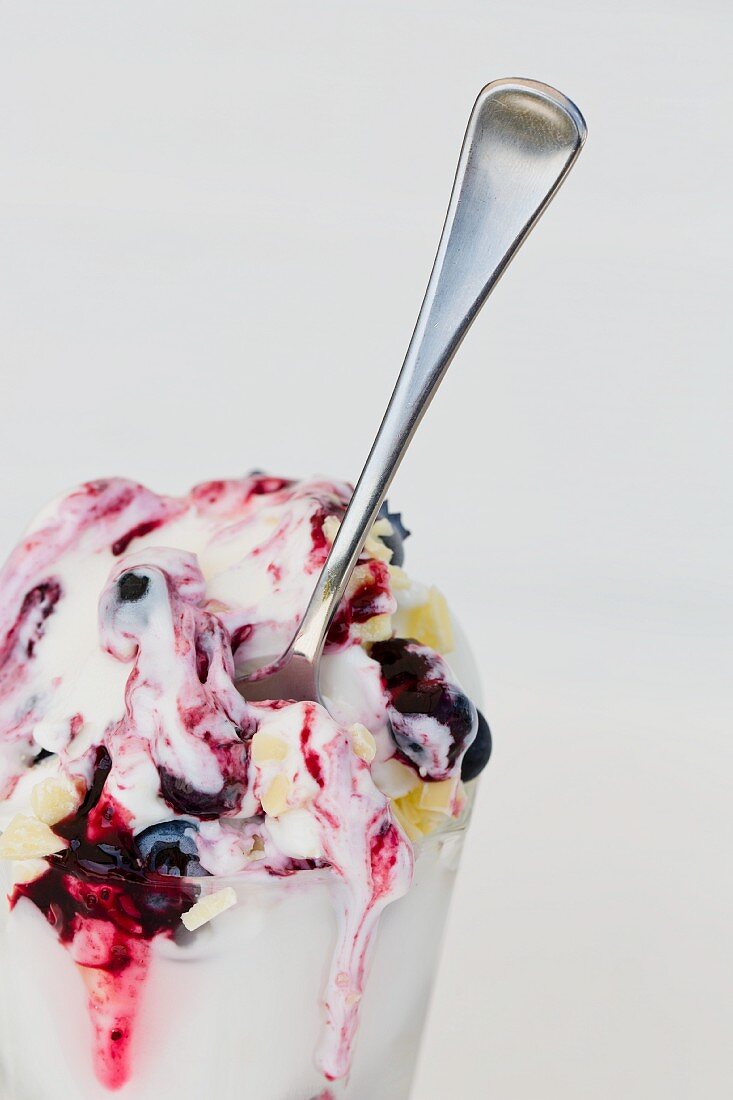 Melted frozen yoghurt ice cream with blueberries