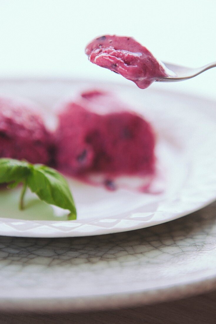 Banana and berry sorbet on a plate and a spoon