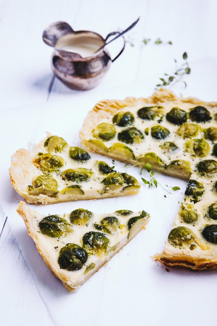 Spicy Brussels sprouts tart, sliced