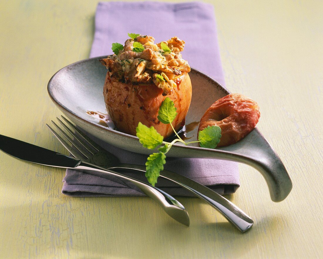 A stuffed baked apple with lemon balm