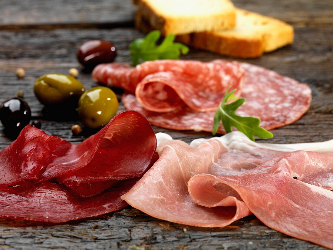 Antipasti (ham, salami, olives and bread)