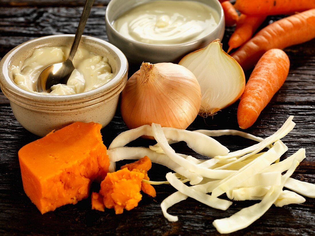 Ingredients for coleslaw with cheese