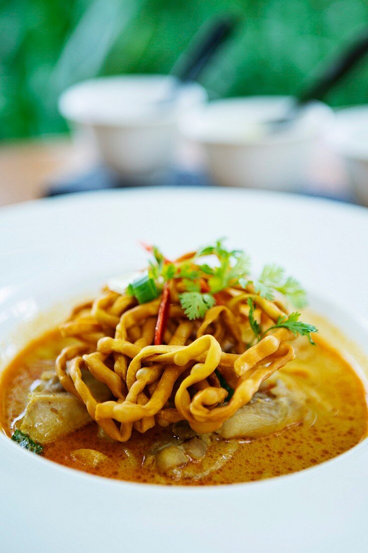 Crispy noodles and Thai curry, Chiang Mai, Thailand, Southeast Asia, Asia