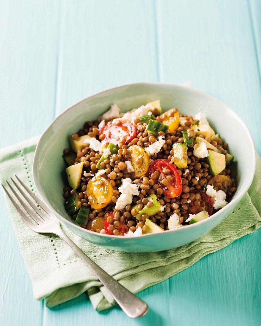 Lentil salad with feta cheese and avocado