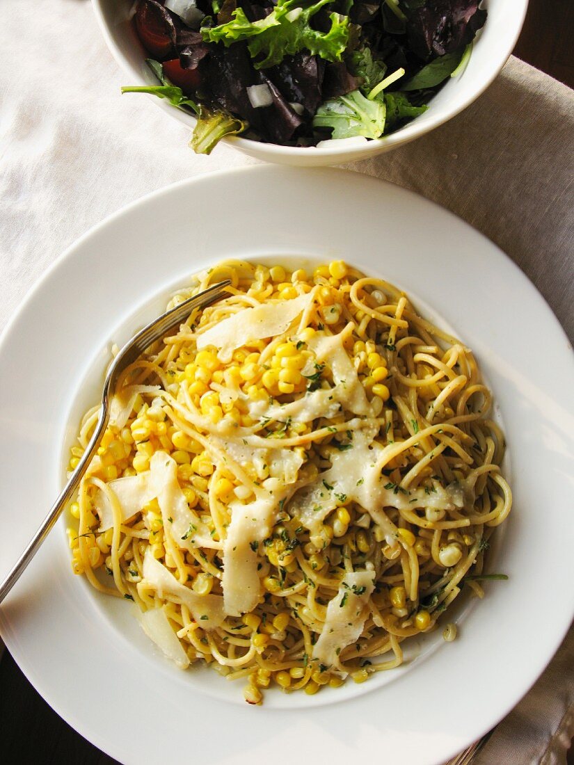 Spaghetti with sweetcorn, cheese and sage