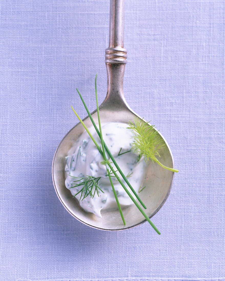 A quark dip with dill and chives on a silver spoon