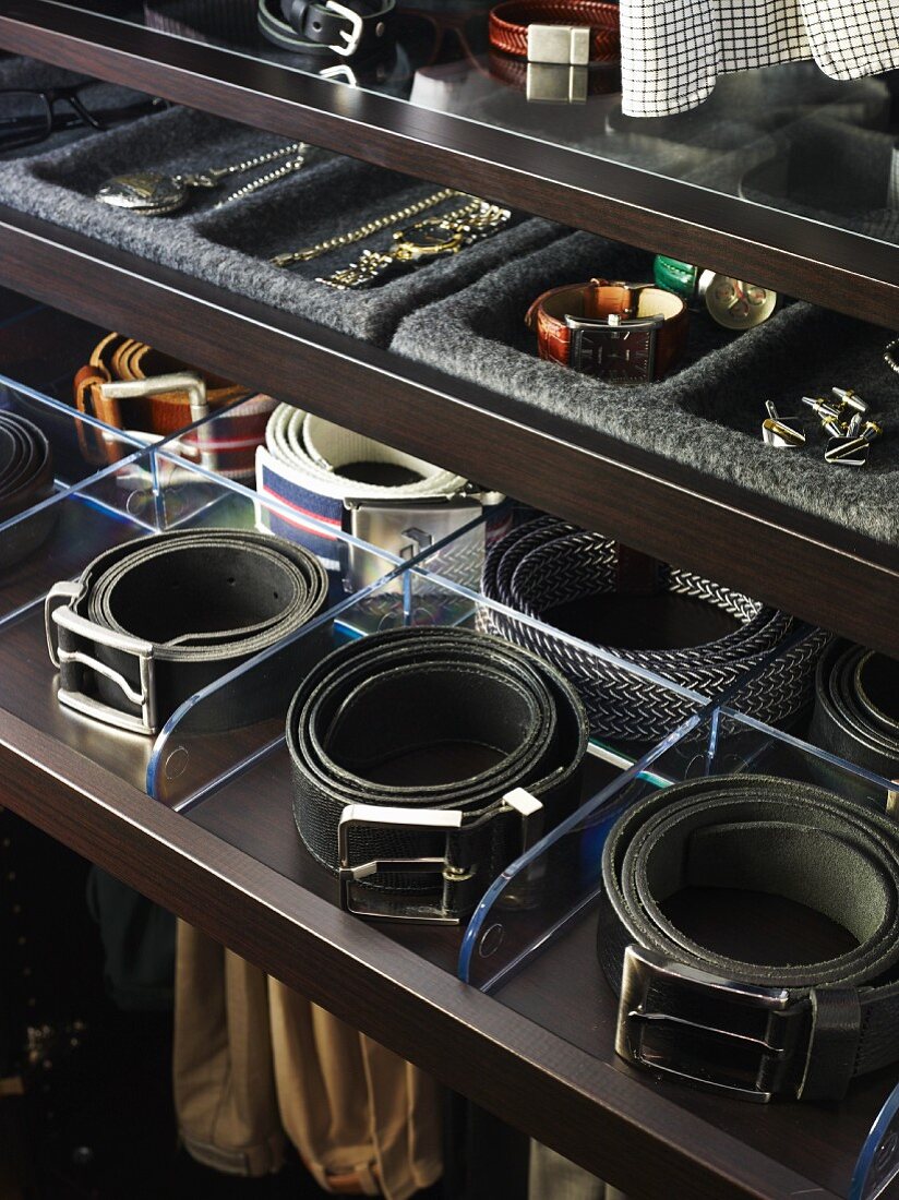 An organised wardrobe: compartments for belts and jewellery in drawers