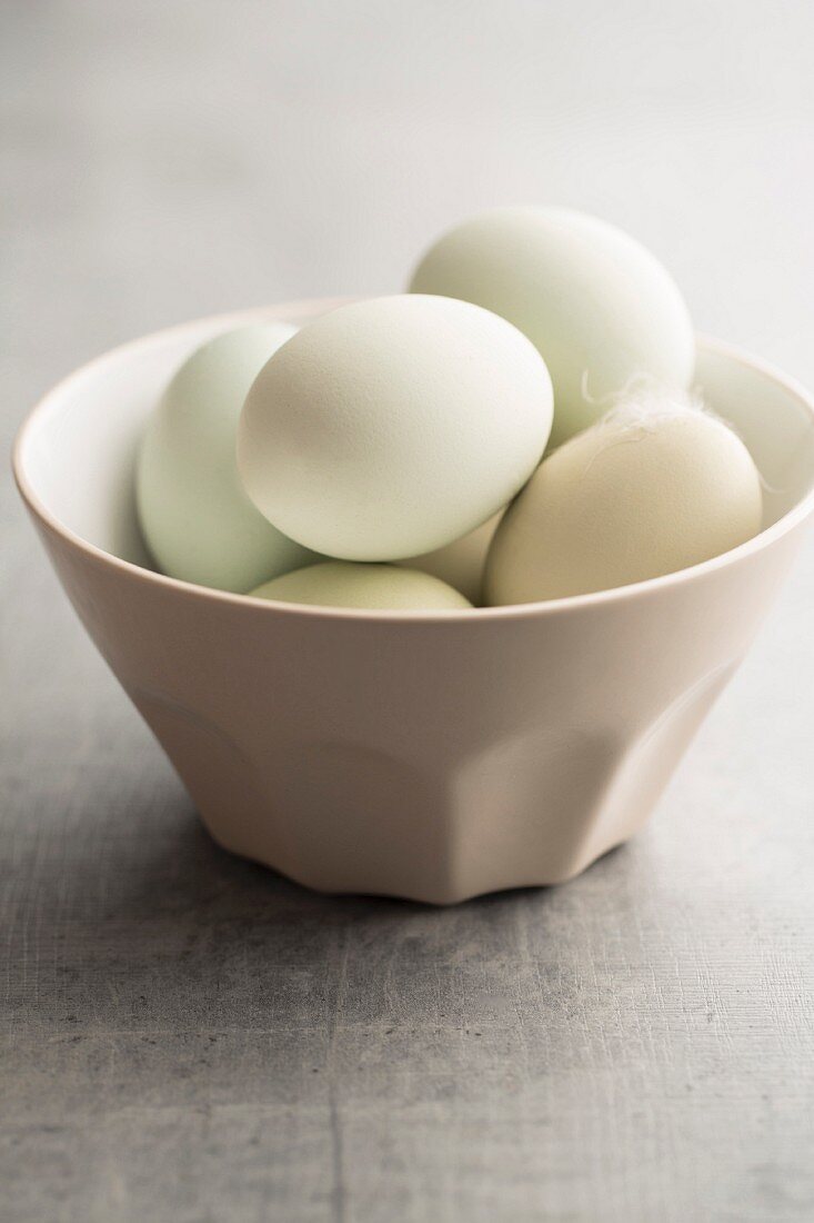 Hens eggs with green shells in a porcelain bowl
