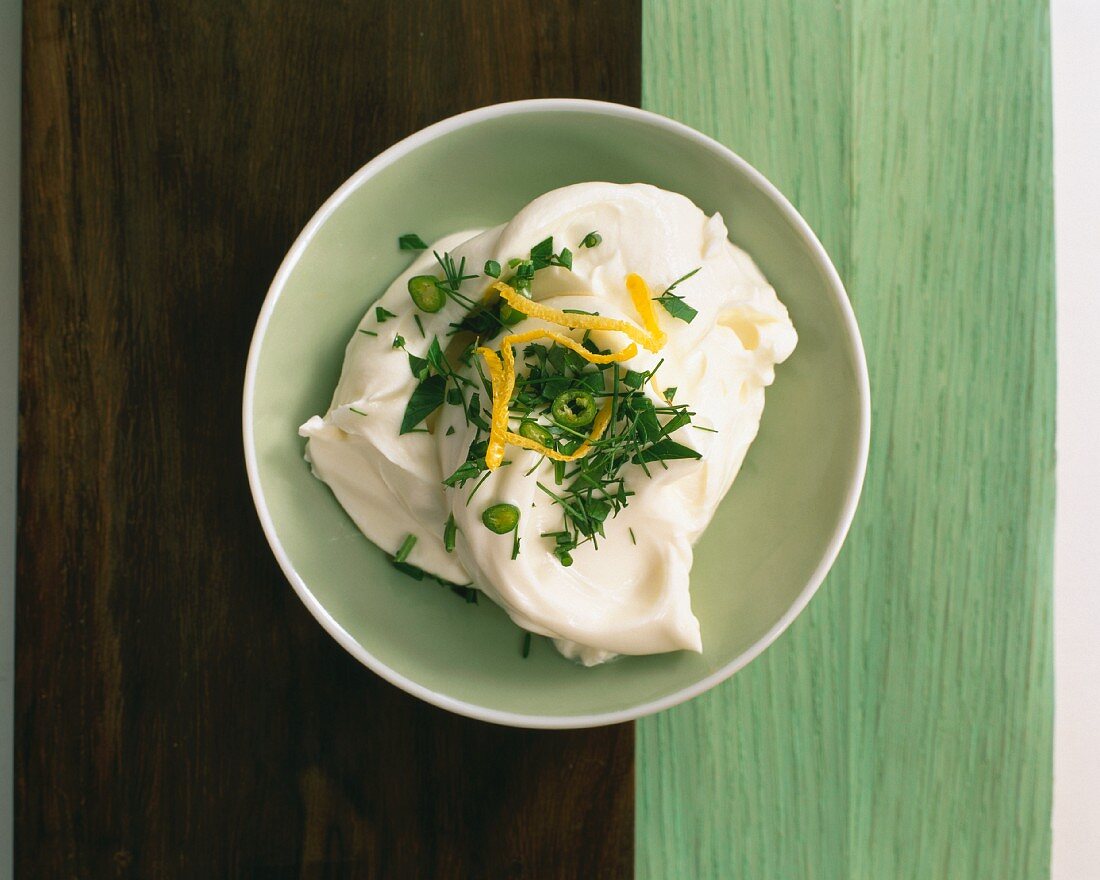 A quark-yoghurt dip with fresh herbs and lemon zest