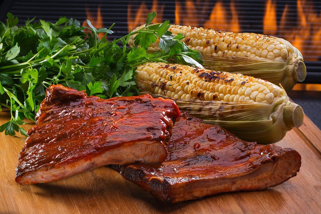 Grilled spare ribs and corn cobs