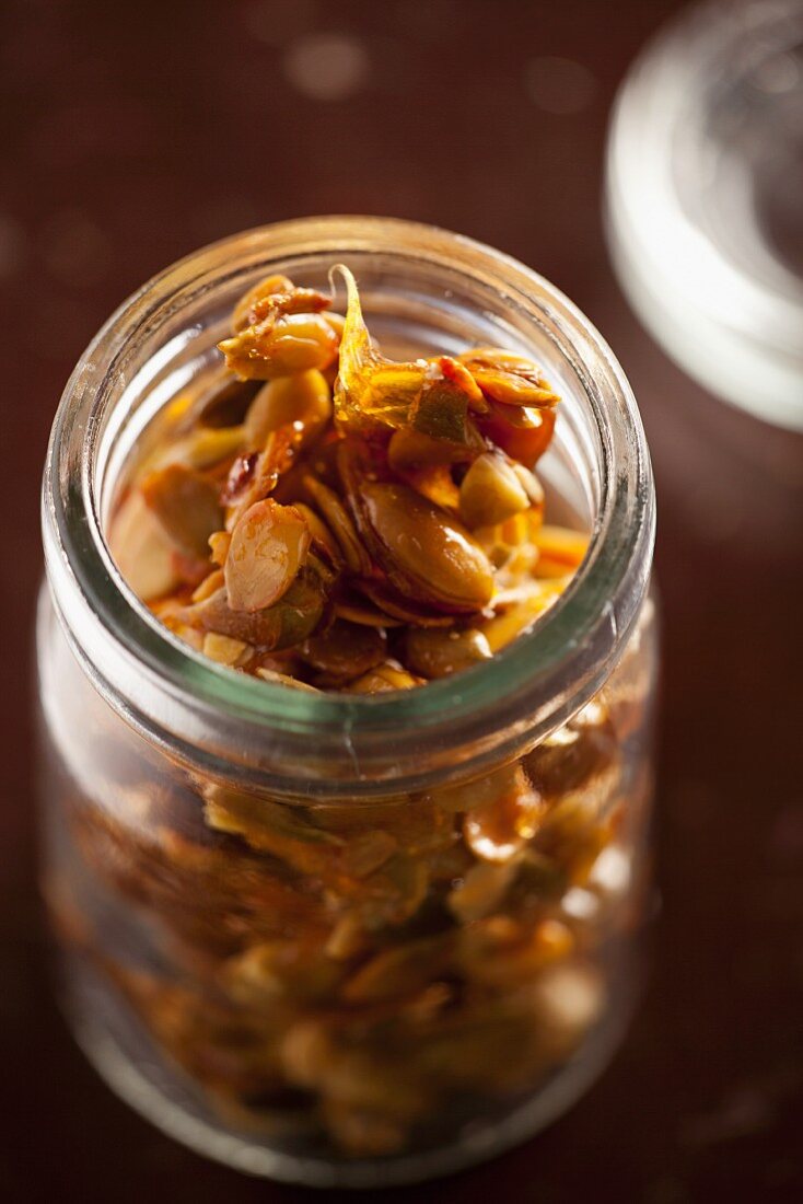 A jar of homemade almond and pumpkin seed caramel