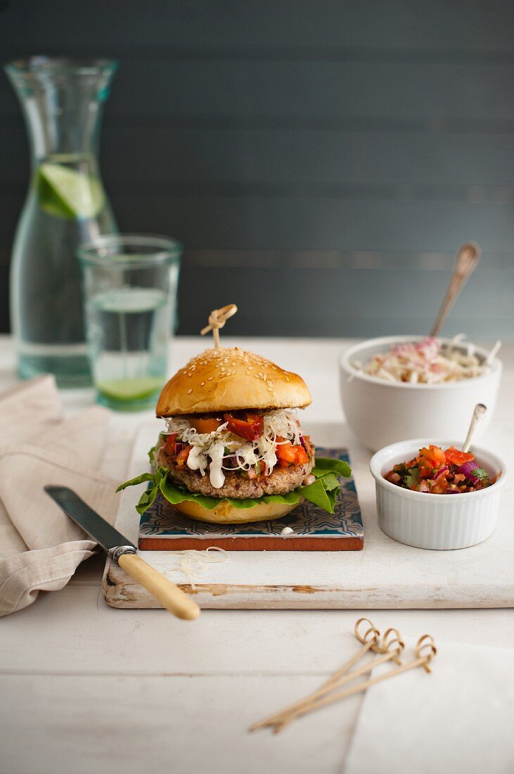 Maroccan lamb burger with mint yoghurt, coleslaw and tomato spicy relish