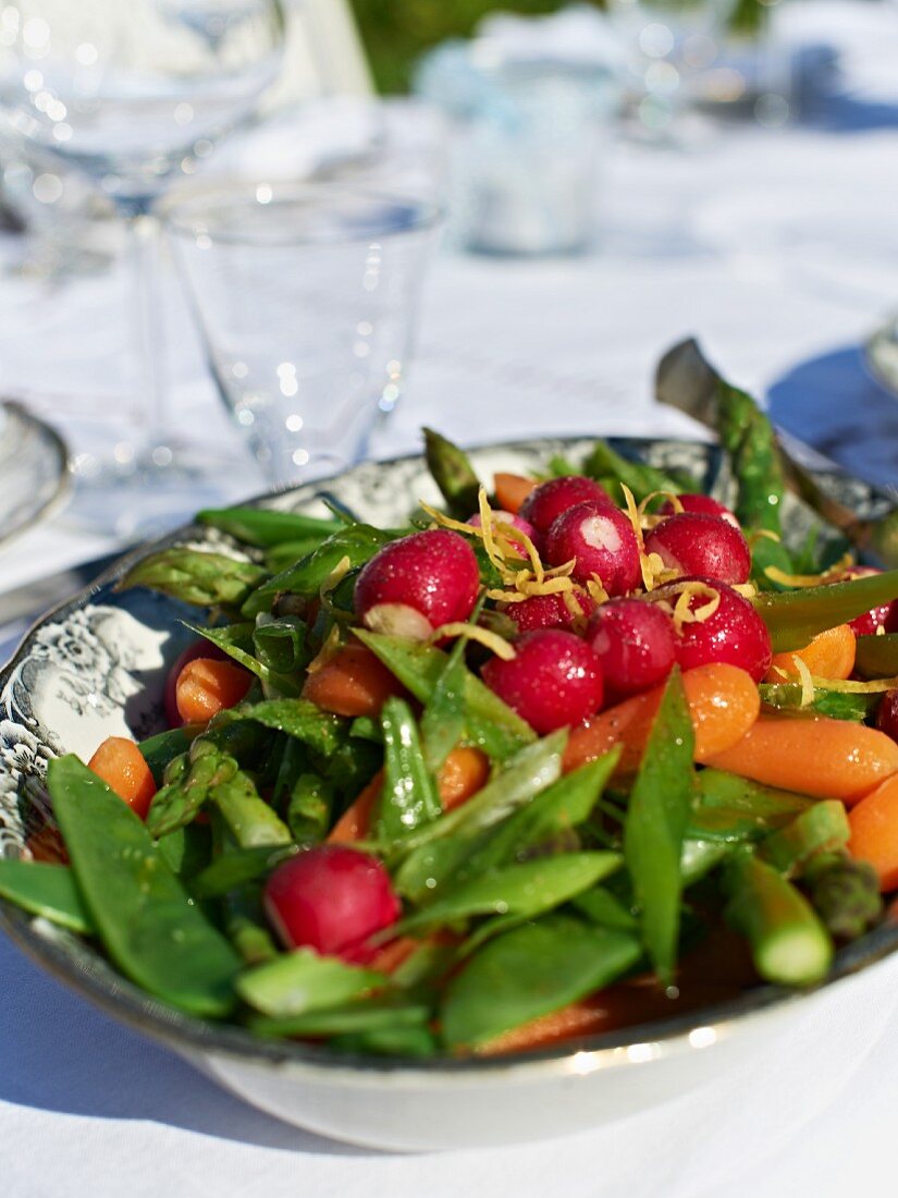 Vegetable salad with mangetout radish, carrots and asparagus