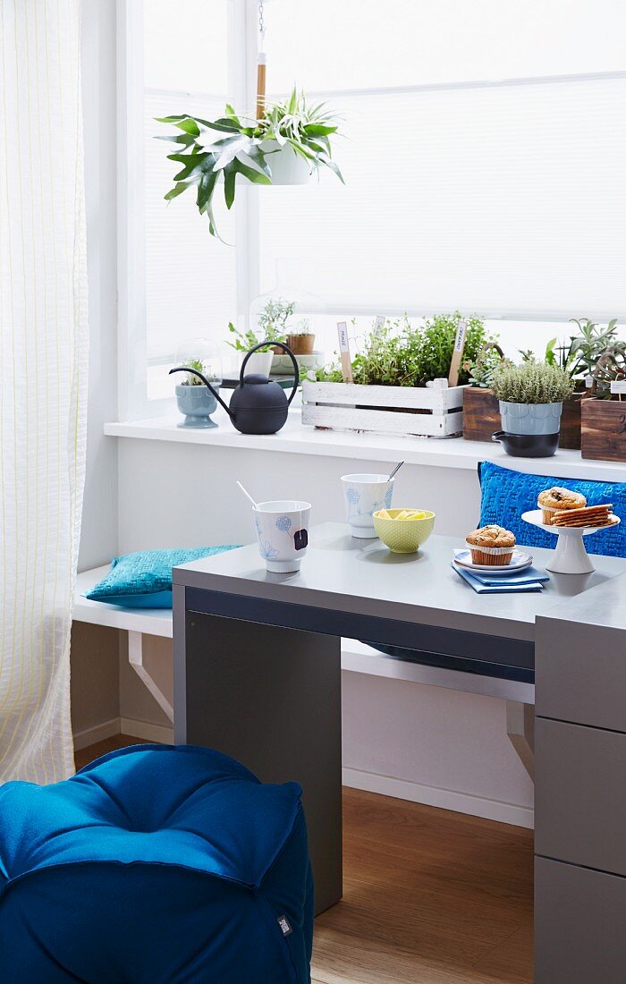 A sideboard with a pull-out drawer in front of a window with a mini herb garden