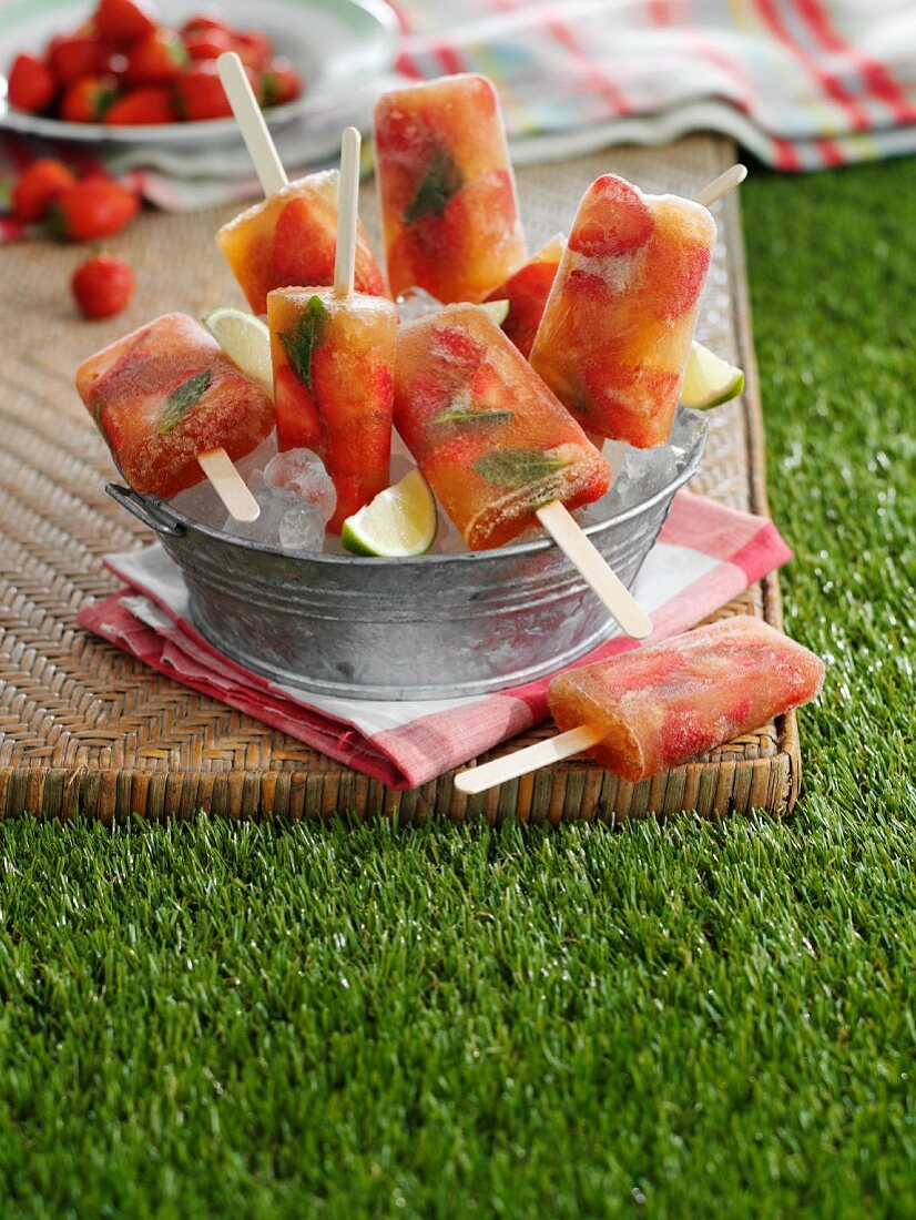 Selbstgemachtes Erdbeerfruchteis am Stiel fürs Picknick