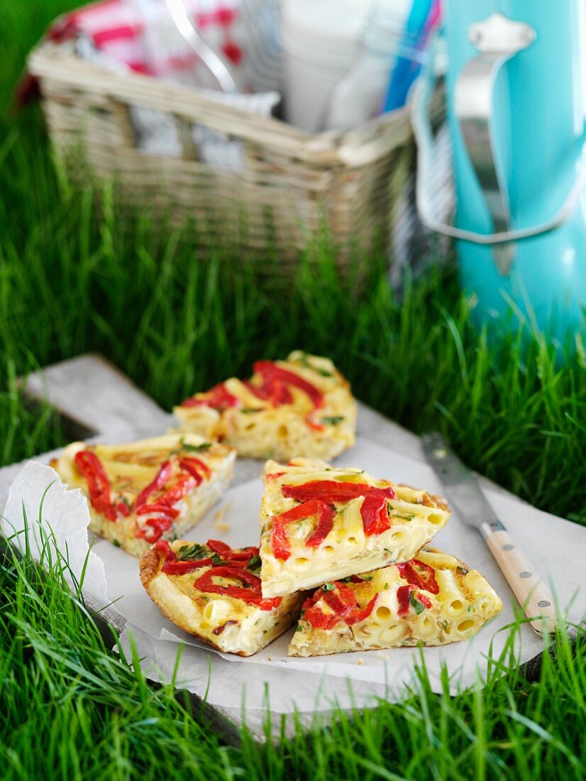 Pasta tortilla with peppers for a picnic