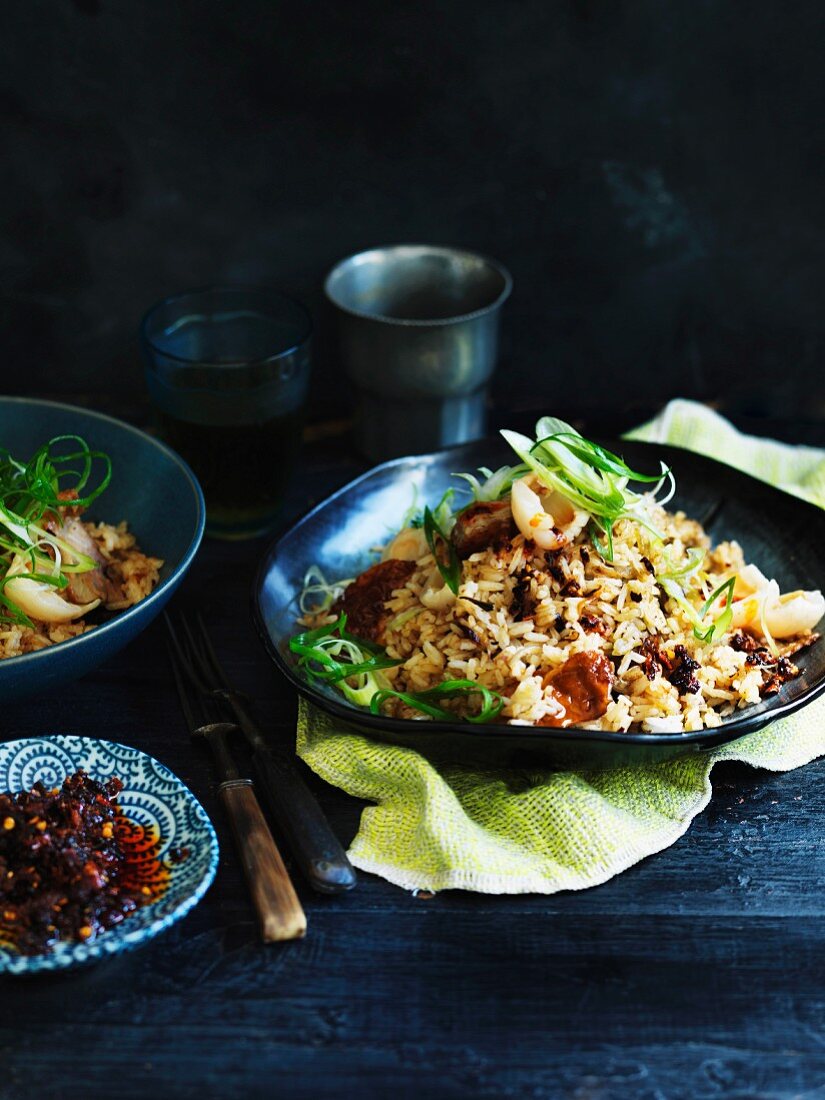 Chilli fried rice with Chinese roast duck and lychees