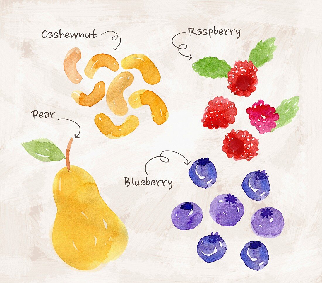An arrangement of cashew nuts, raspberries, pears and blueberries (illustration)