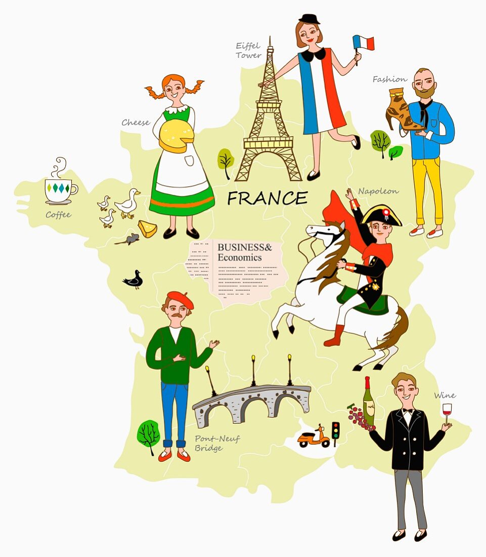 An illustration of France featuring typical attractions on a map