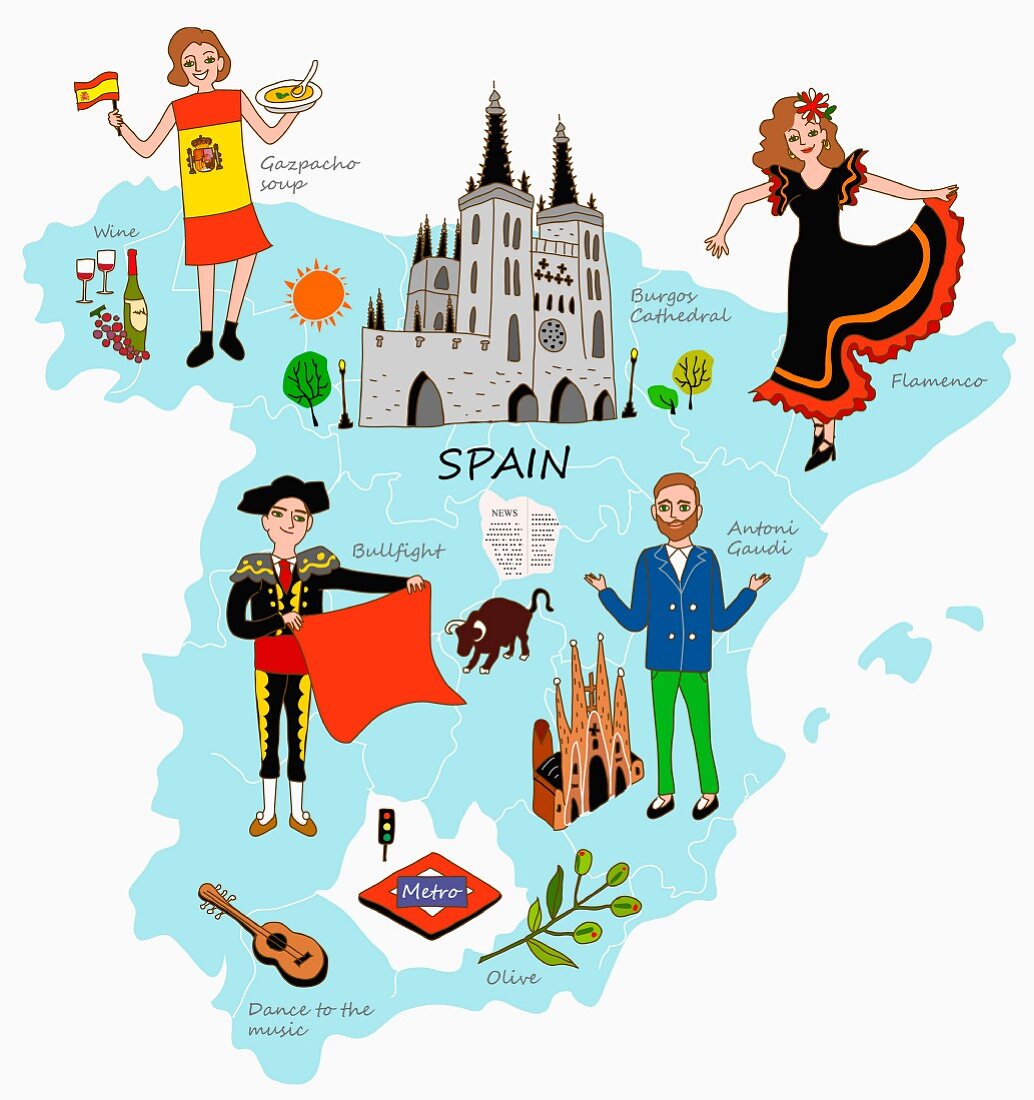 Symbolbild für Spanien mit typischen Attraktionen auf Landkarte (Illustration)