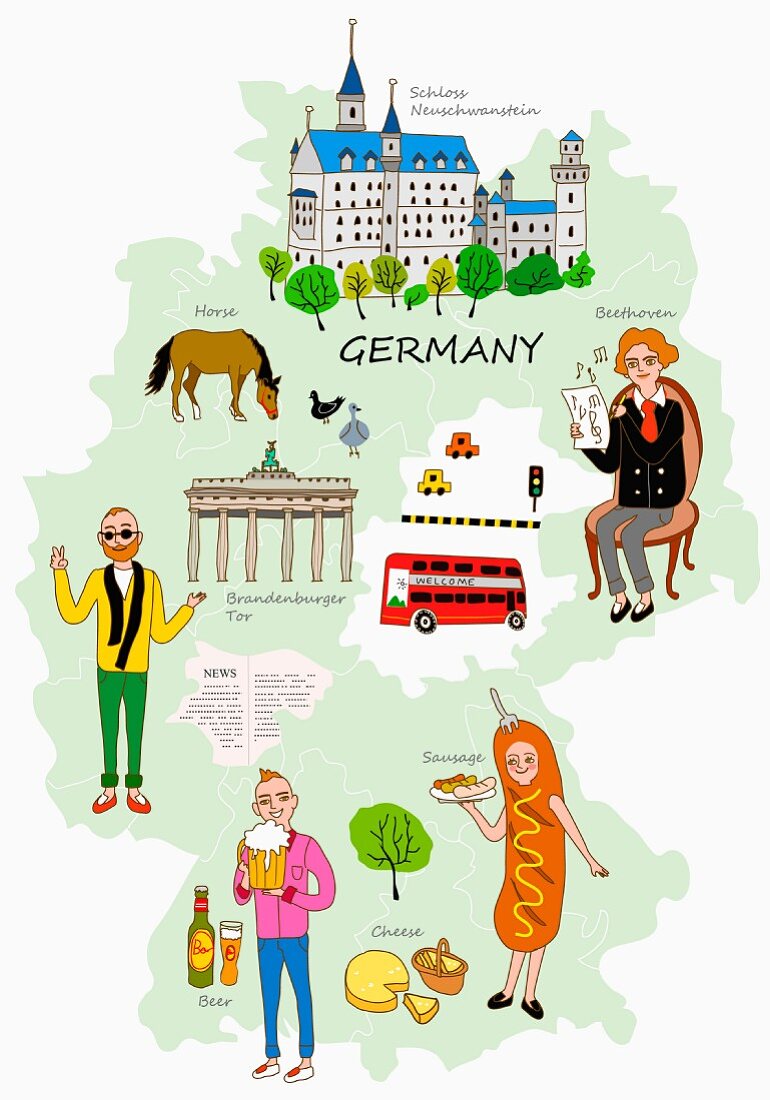 Symbolbild für Deutschland mit typischen Attraktionen auf Landkarte (Illustration)