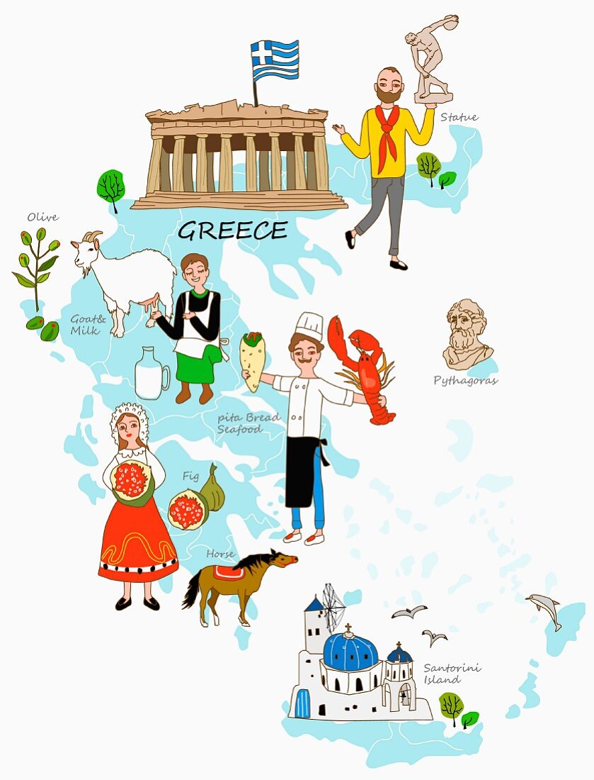 An illustration of Greece featuring typical attractions on a map