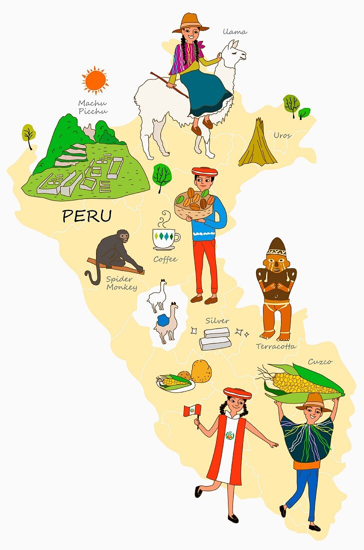 Symbolbild für Peru mit typischen Attraktionen auf Landkarte (Illustration)