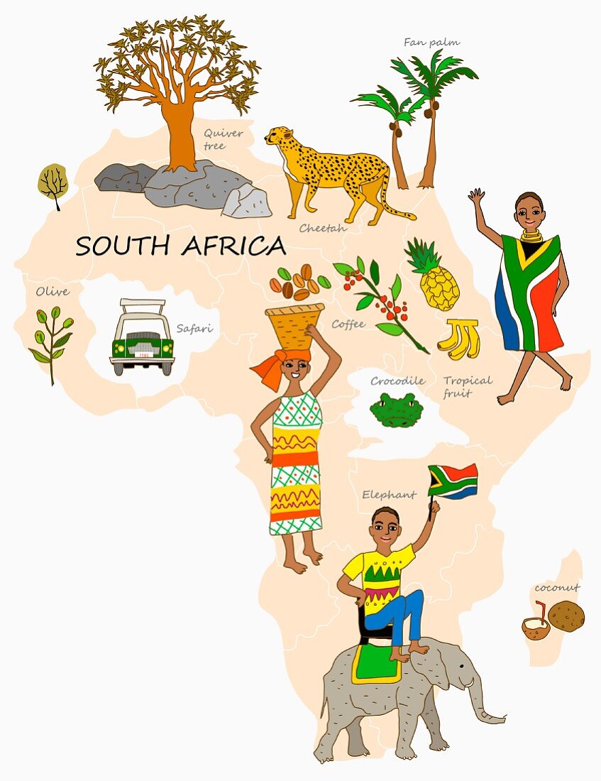 An illustration of South Africa featuring typical attractions on a map