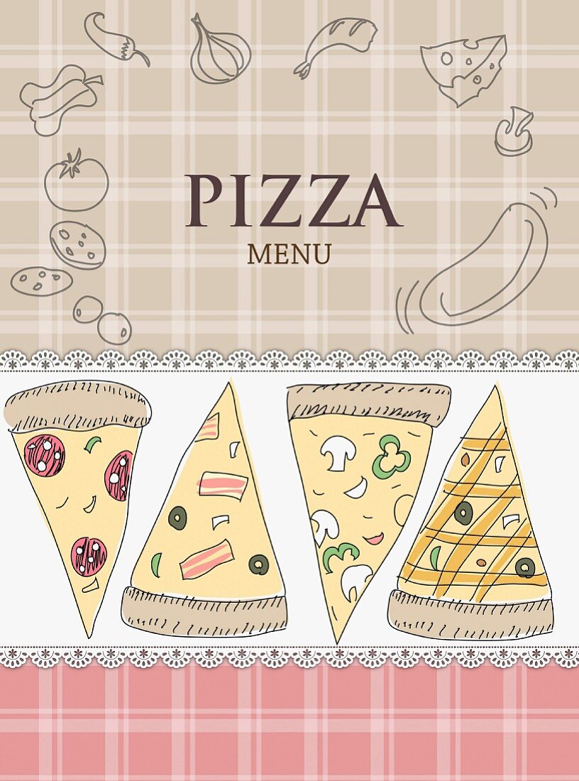 A pizza menu illustrated with pizza slices, ingredients and the word Pizza