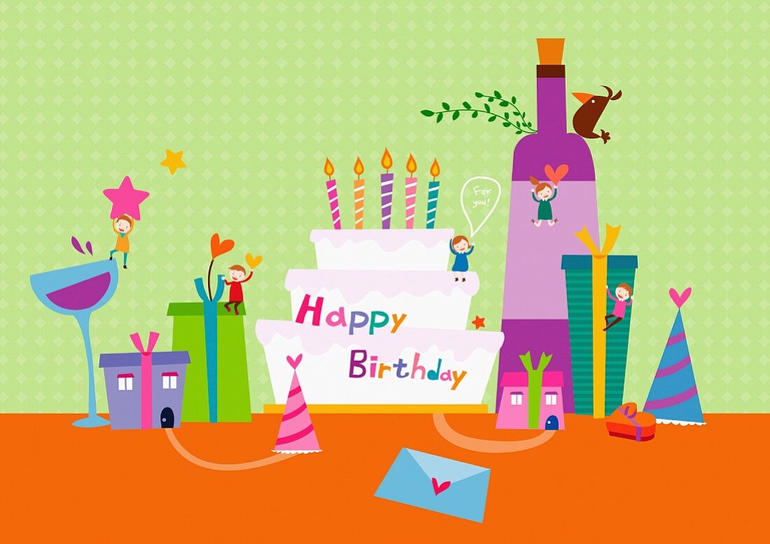 A birthday cake surrounded by presents (illustration)