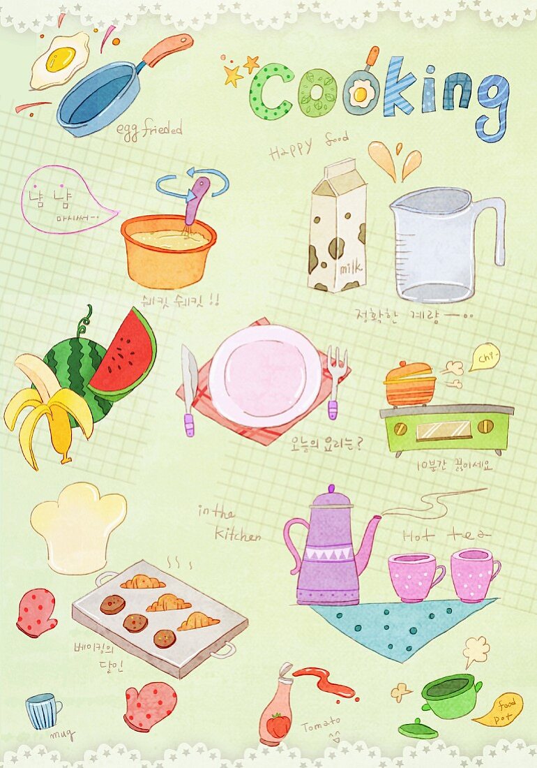 Various illustrations on the theme of cooking, food and drink (illustration)