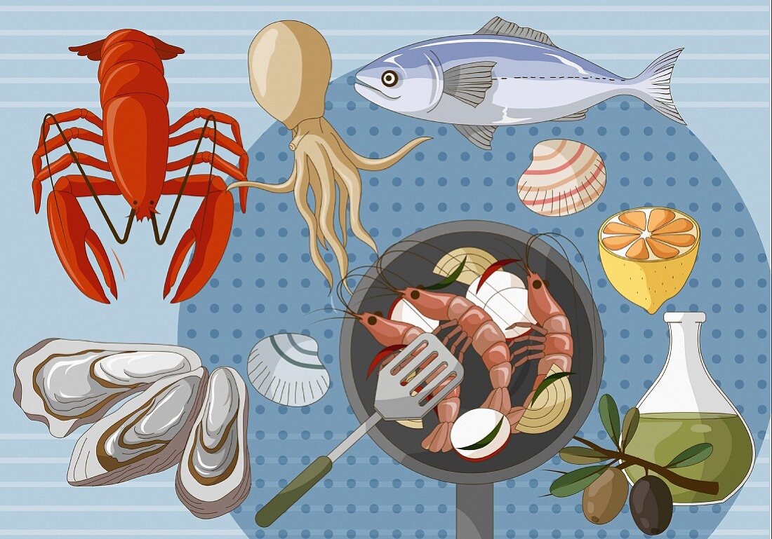 Stillleben mit Fisch & Meeresfrüchten (Illustration)