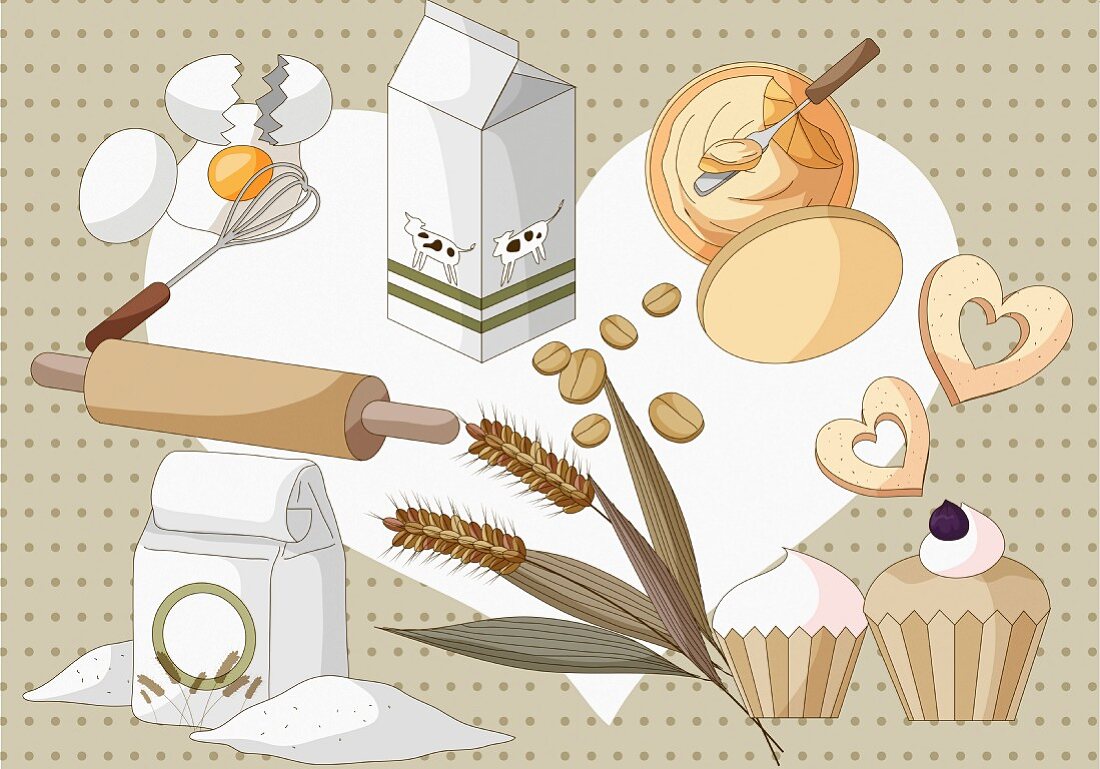 An arrangement of protein-rich and carbohydrate-rich foods (illustration)