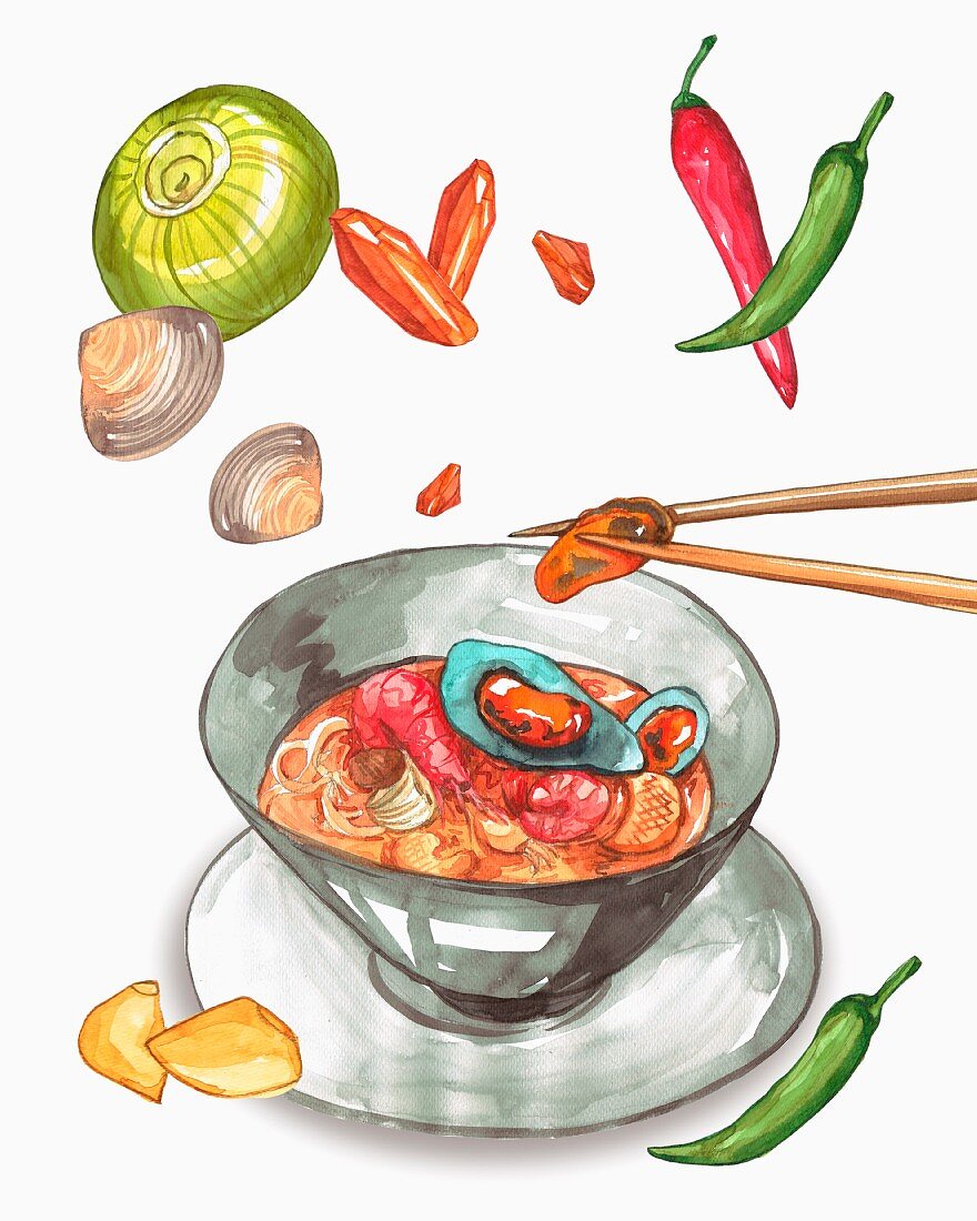 Nudeln mit Meeresfrüchten umgeben von Zutaten (Illustration)