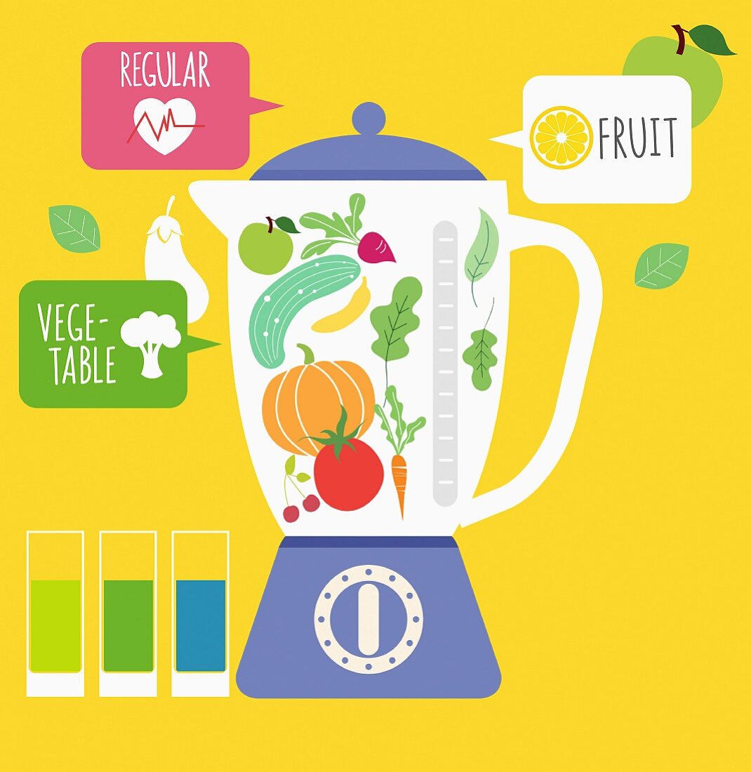 Template mit Obst & Gemüse im Mixer (Illustration)