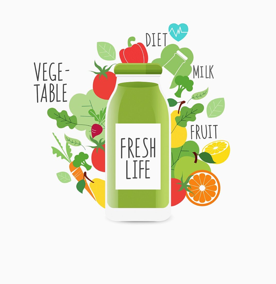 A bottle of drink surrounded by fruit and vegetables (illustration)