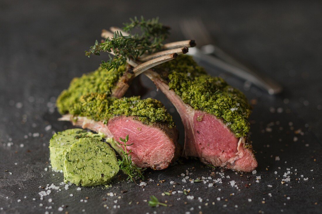 Milk-fed rack of lamb with a herb crust and herb butter