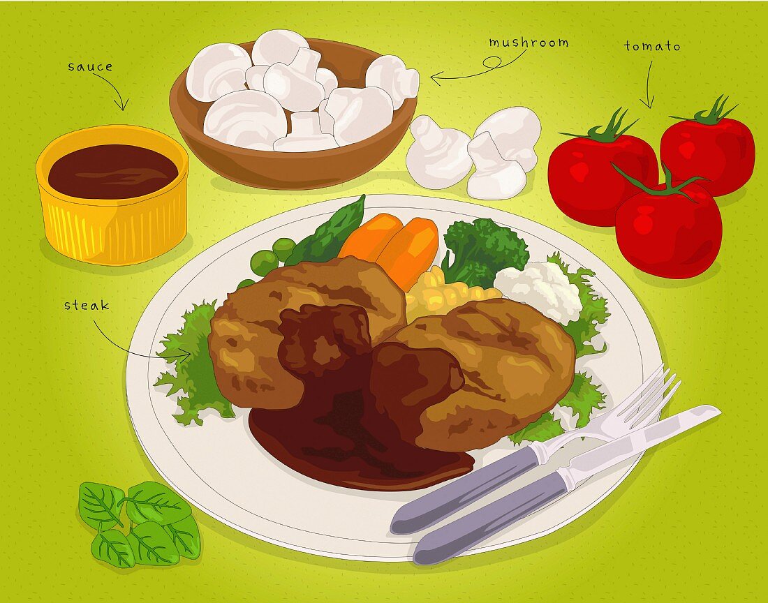 A steak with vegetables and sauce (illustration)