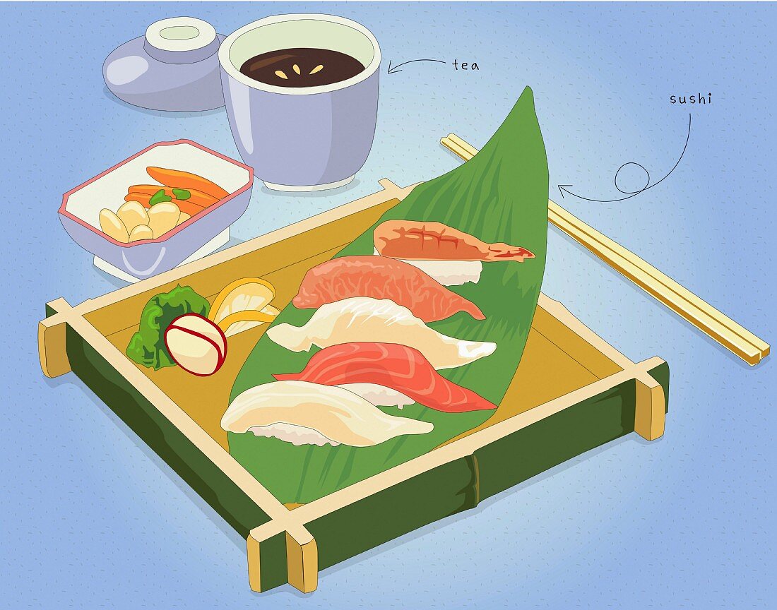 Sushi on a wooden tray served with tea (illustration)